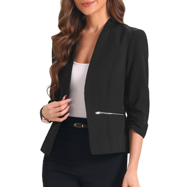 Blazer abierto de 3/4 de manga INSPIRE CHIC para mujeres, chaqueta de traje, blazers casuales para trabajo y oficina con bolsillos con cremallera, negro S