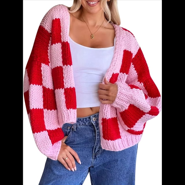 Suéter Tipo Cárdigan A Cuadros con Bloques de Color para Mujer, Larga, Punto Corto, Frente Abierto, Prendas de Abrigo. Rojo S