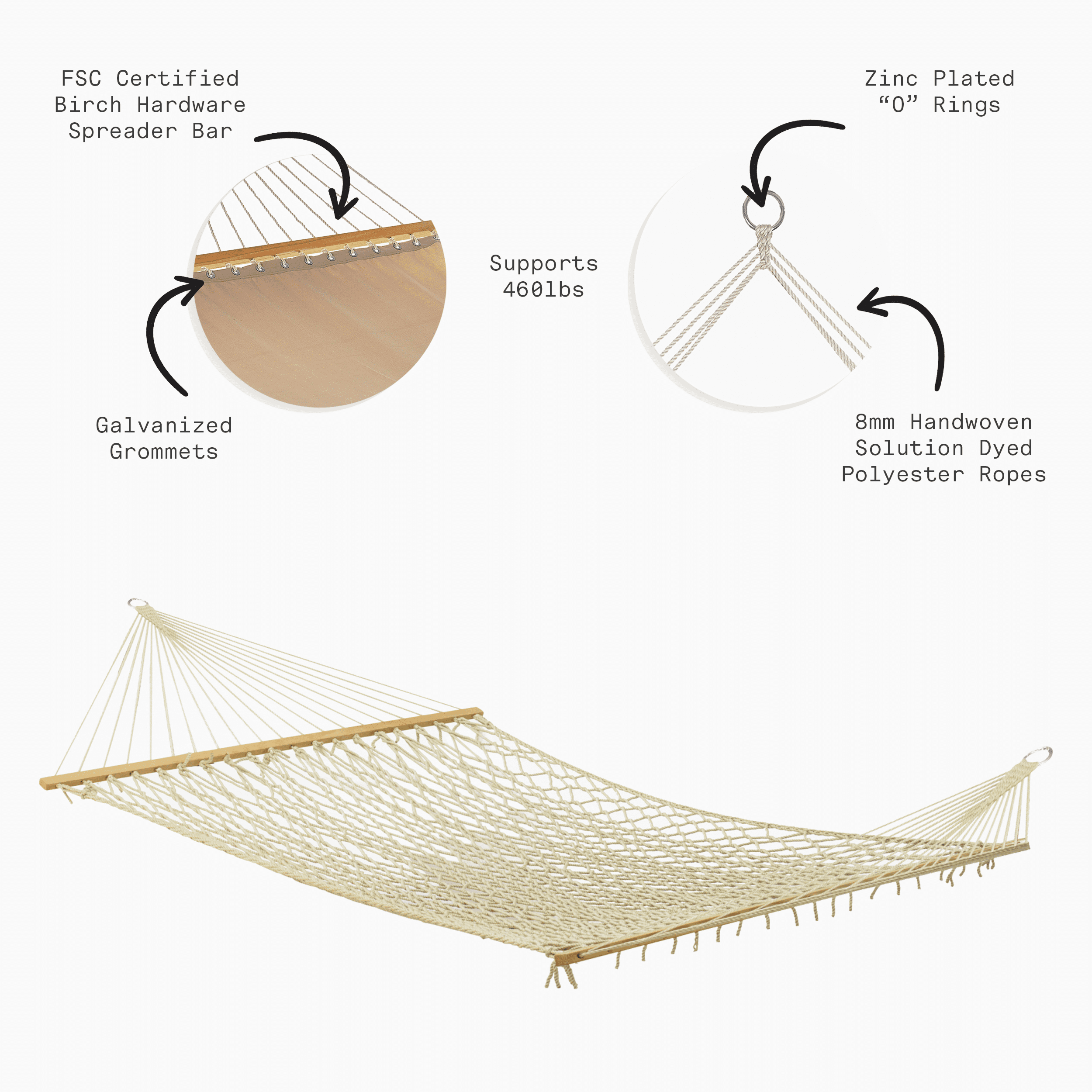 Fab Habitat Rope Recycled Polyester Hammock - Miami - Natural - Indoor/Outdoor, Quick Dry, 2 Person 400 lbs Capacity - Patio, Poolside, Backyard, Garden, Beach, Balcony - 12-14 ft Adjustable