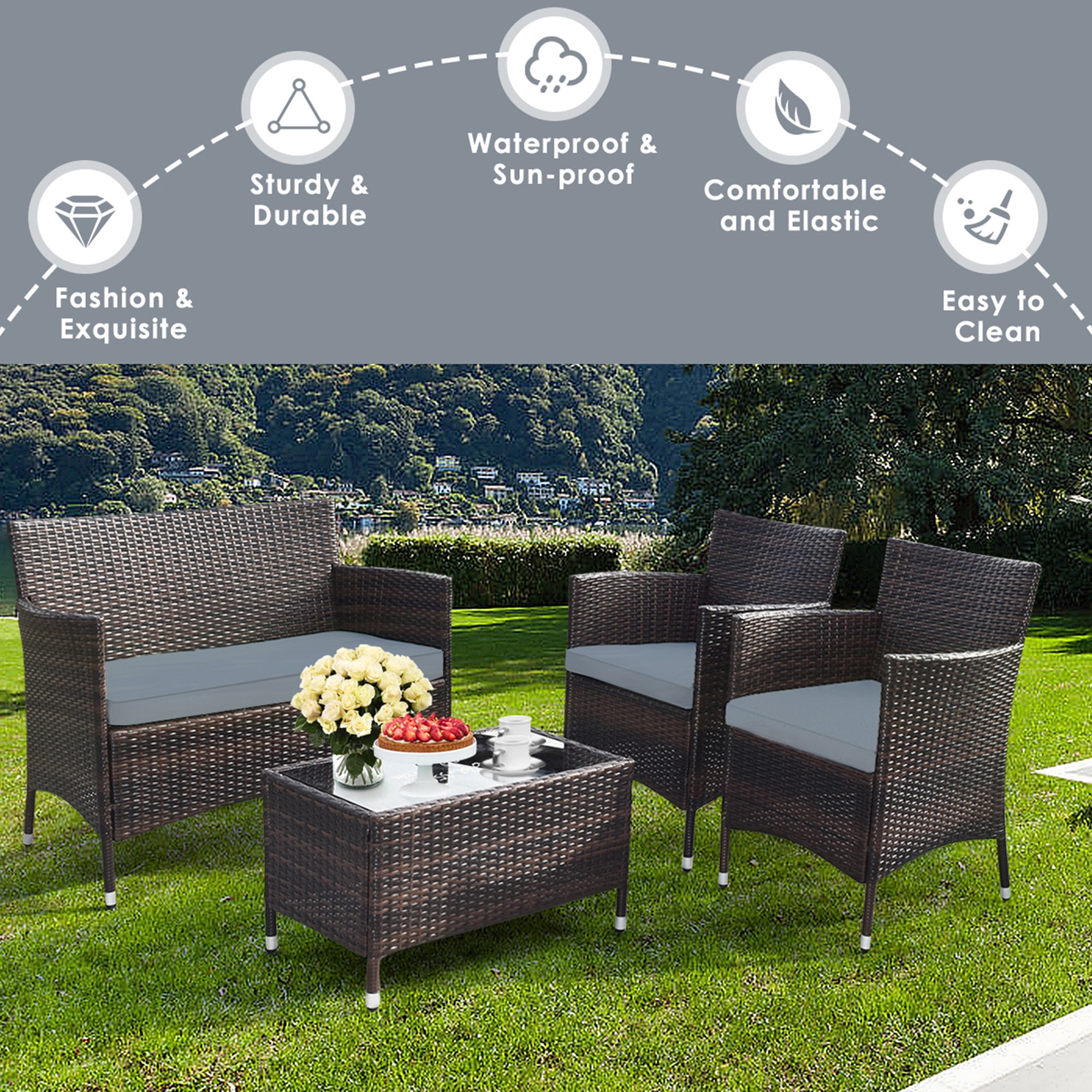 Gymax 8PCS Patio Rattan Conversation Furniture Set Outdoor w/ Gray Cushion