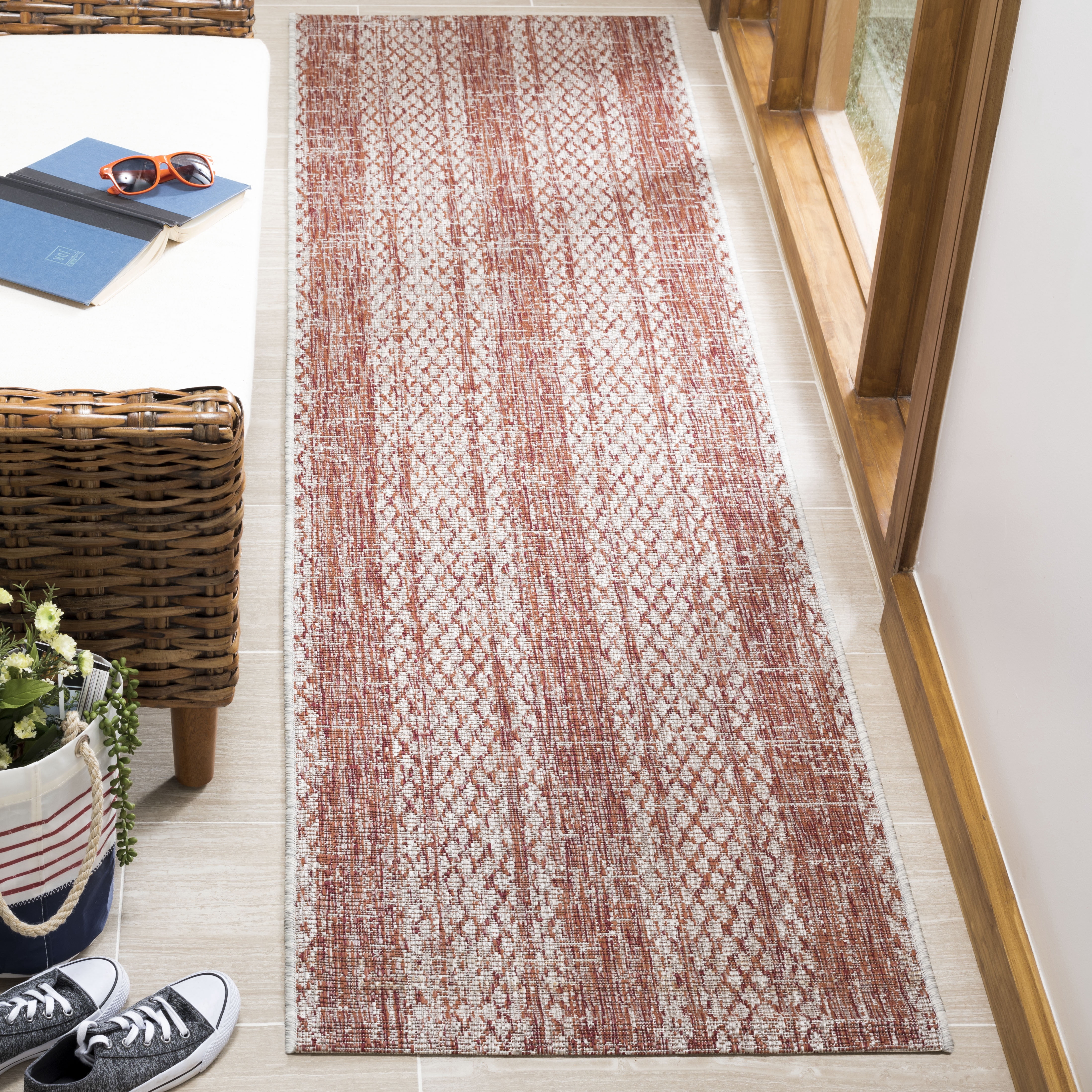 SAFAVIEH Courtyard Robert Striped Indoor/Outdoor Runner Rug, Light Beige/Terracotta, 2'3" x 10'