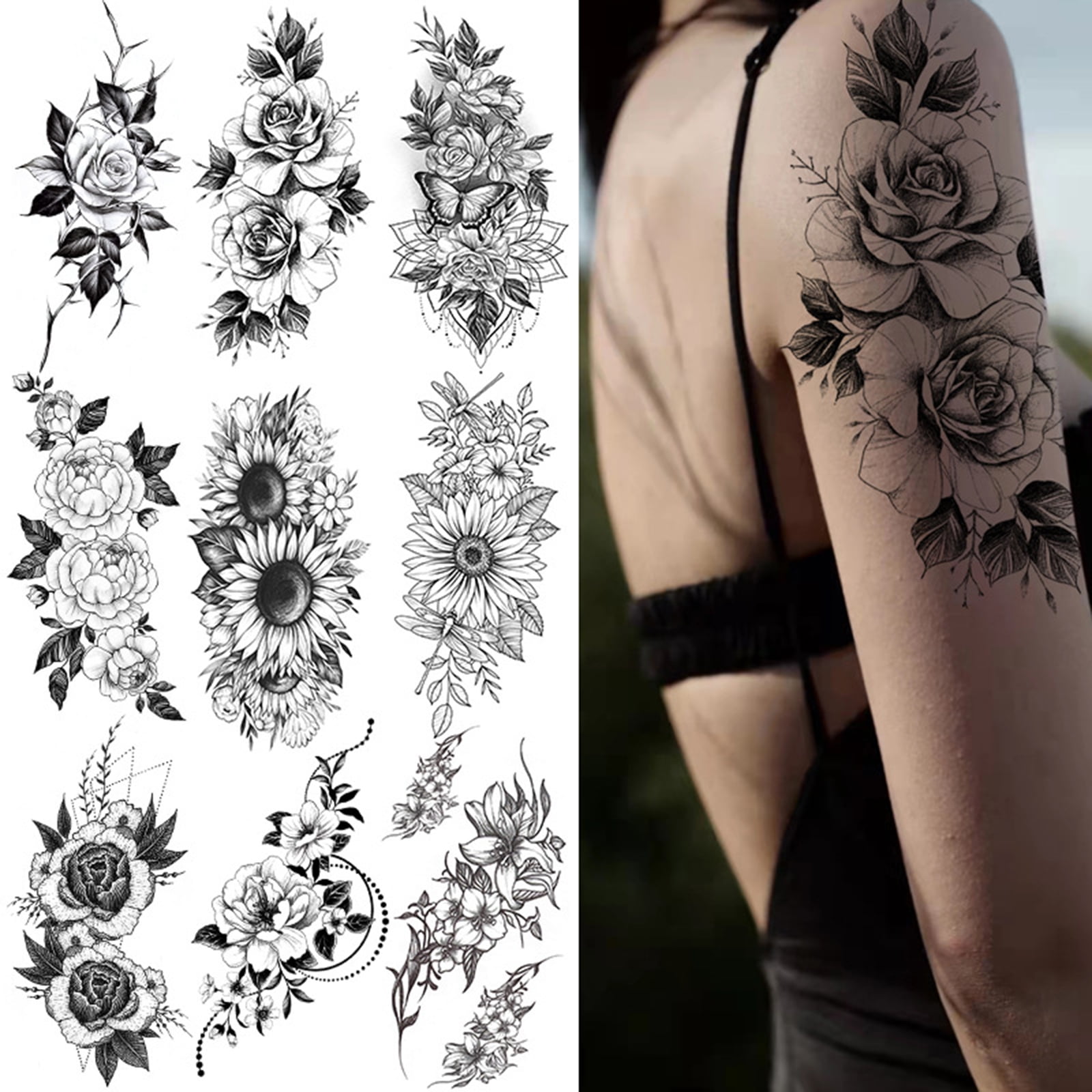 MJartoria Temporary Tattoos for Women, Fake Flower Tattoos Stickers for  Adults, Semi Permanent Half Sleeve Tattoo Body Leg Makeup Waterproof,  Flower 3D Butterflies -7 Sheets 