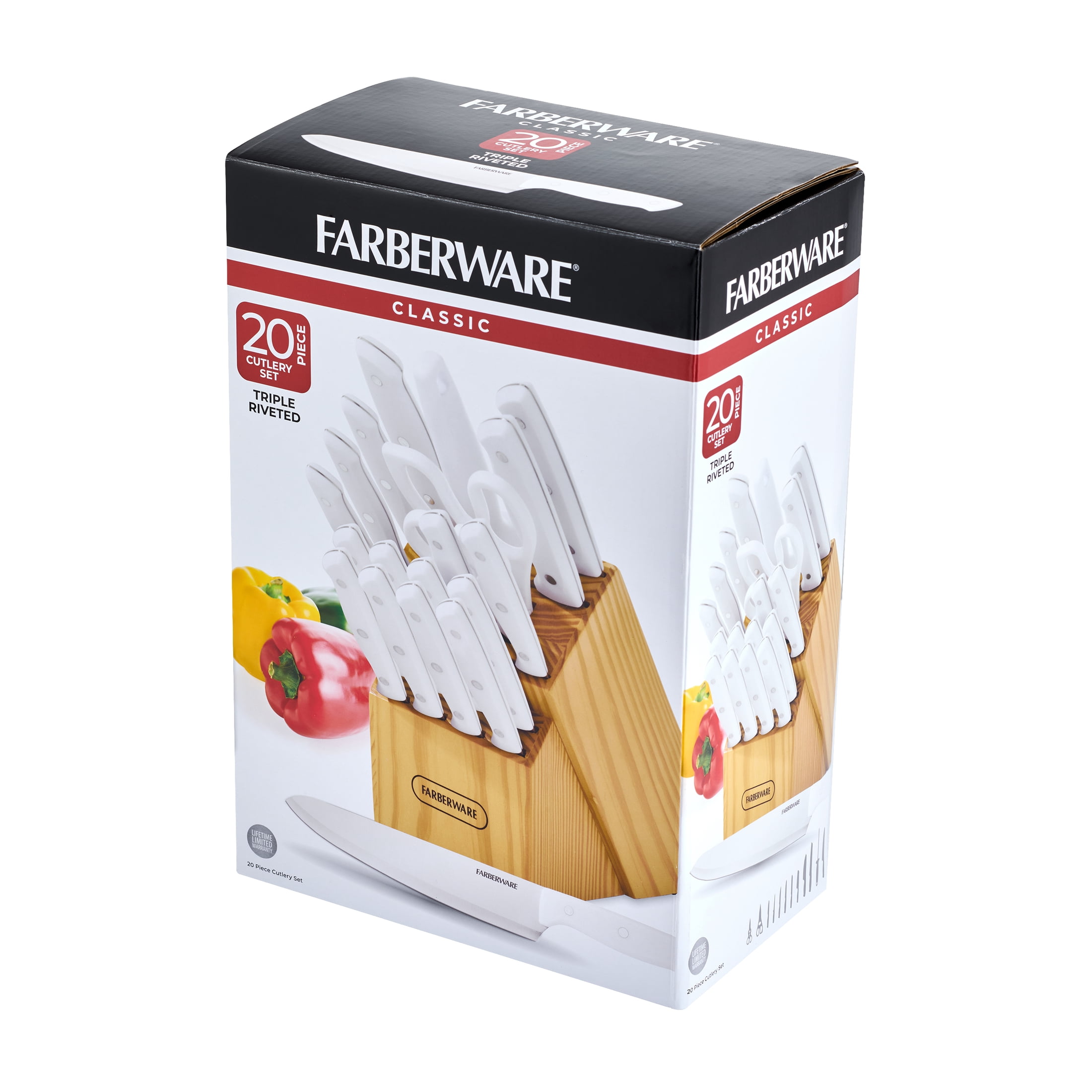 Farberware 20-Piece Triple Riveted Cutlery Knife Block Set with Kitchen Shears, White