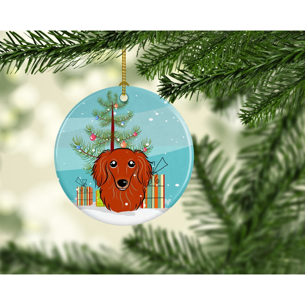 Christmas Tree and Longhair Red Dachshund Ceramic Ornament