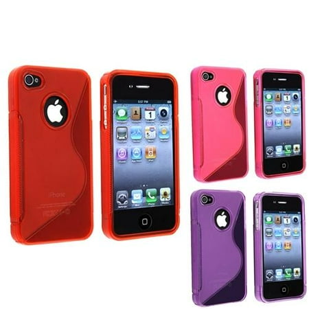 INSTEN 3x S Shape TPU Rubber Skin Soft Cover Case For Apple iPhone 4 G 4S Red+Hot Pink+Purple