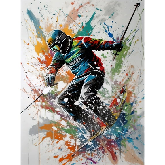 Skier Skiing Multicoloured Paint Splat Action Shot Large Wall Art Poster Print Thick Paper 18X24 Inch