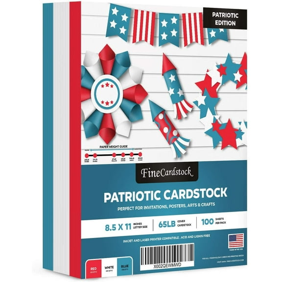Patriotic Colored Card Stock Paper, American Red Blue & White 8.5 x 11" Color Cardstock for 4th of July, Labor Day Greetings & Invitations, Arts & Crafts | 25 Blue, 25 Red, 50 White (100 Total)
