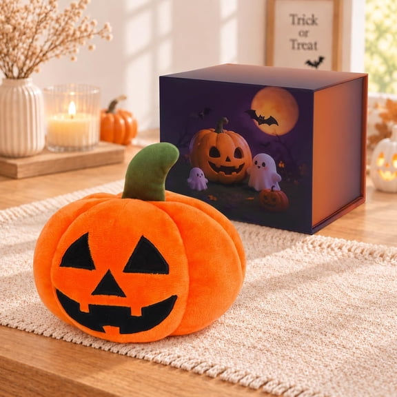 Blublu Park Halloween Pumpkin Plush Toy, Cute Orange Stuffed Animal with Gift Box, Boo Basket Stuffer, Halloween Gift & Decor for Kids Boys Girls