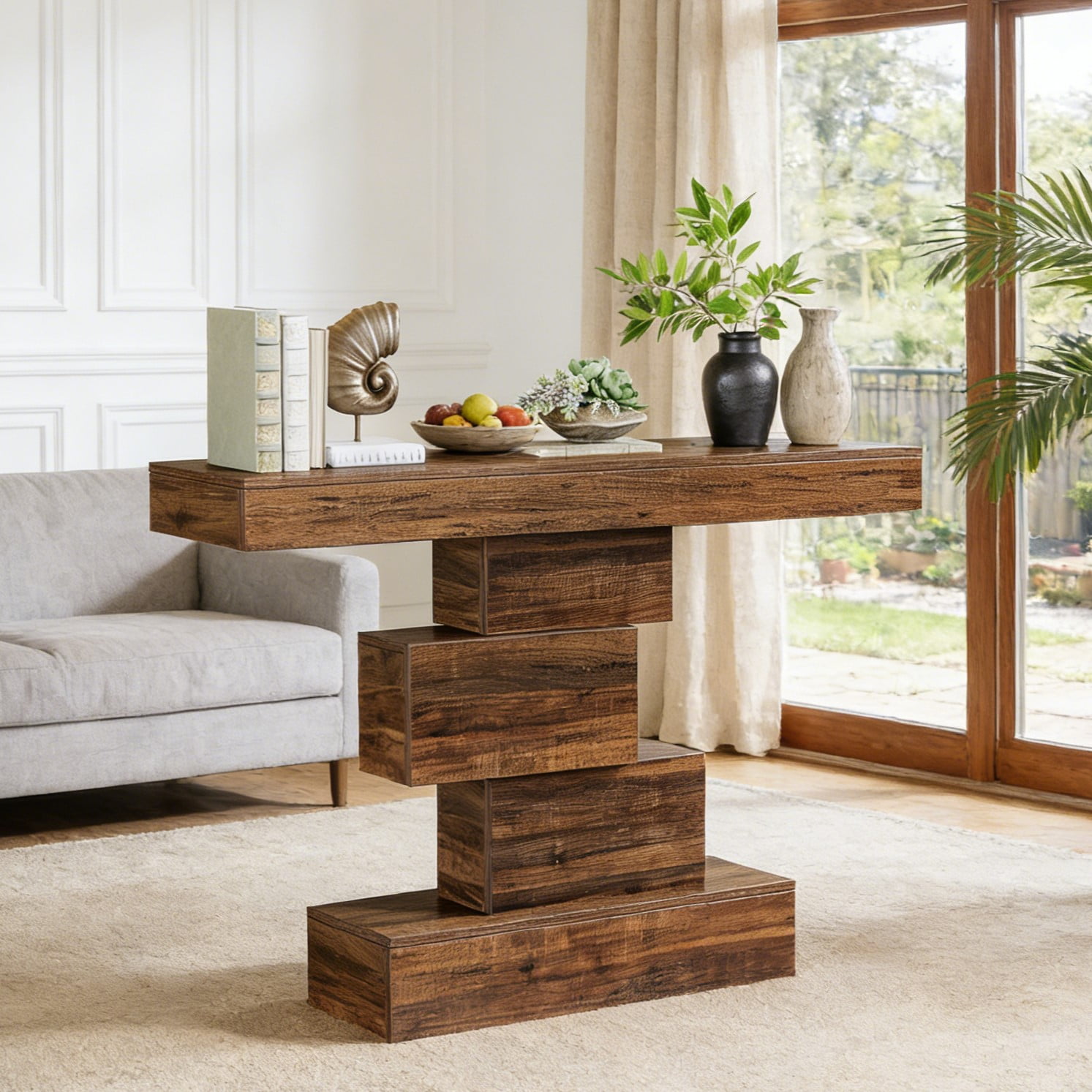 Fnova 42.5" Farmhouse Console Table, Wood Sofa Table with Geometric Storage, Narrow Accent Table for Living Room, Entryway, Hallway