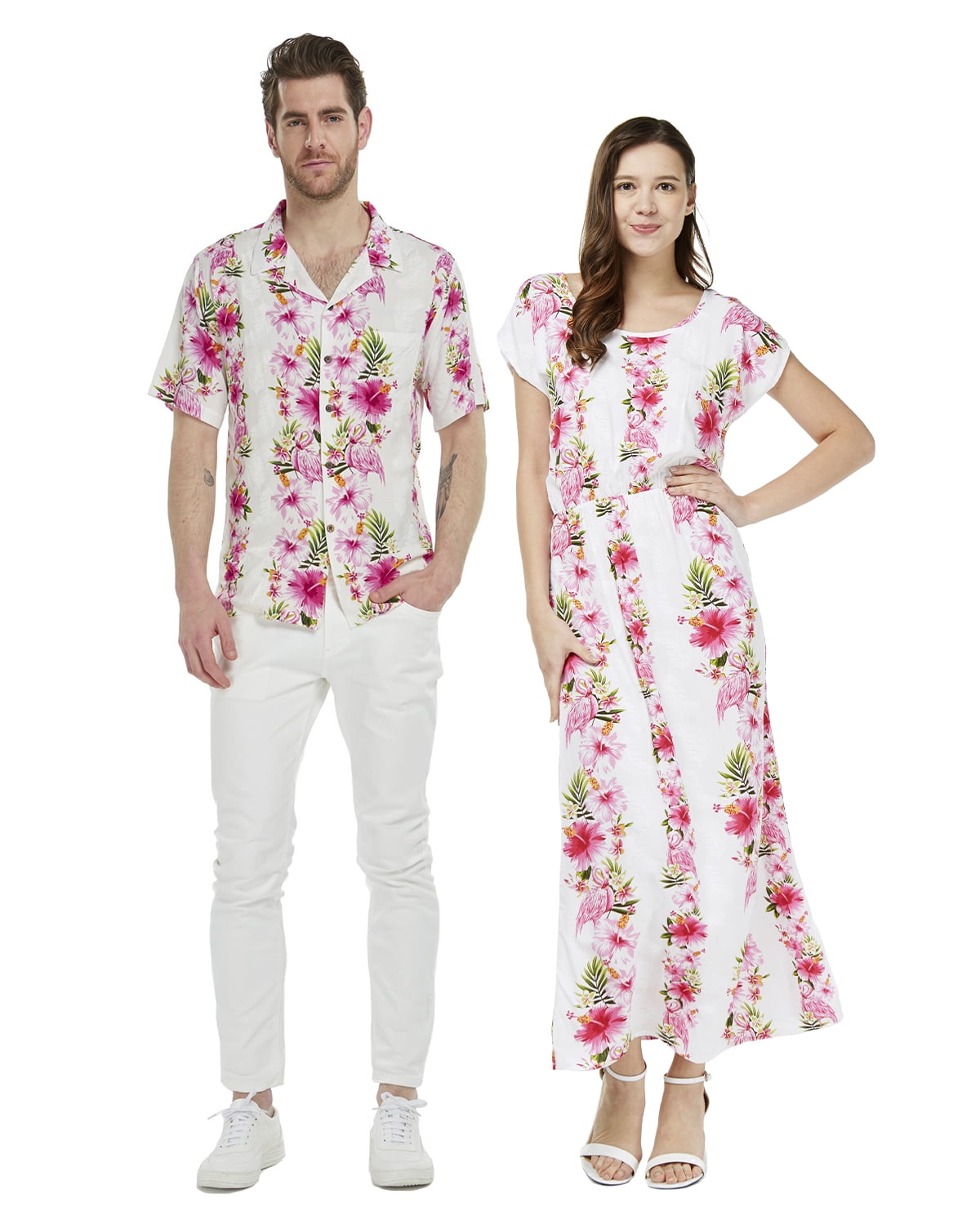 Couple Matching Hawaiian Luau Shirt Cap Sleeve Maxi Dress in Hibiscus