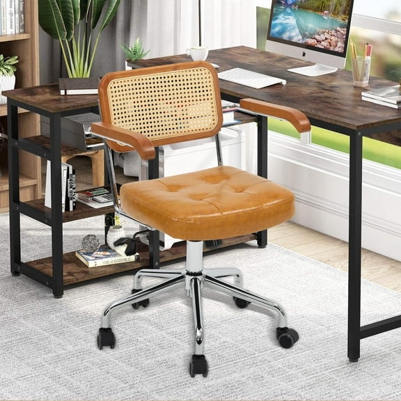 LOGYAT Modern Tiltable Rattan Desk Chairs with Wheels, 360° Swivel Vanity Chair, Height Adjustable, Armrest Home Office Desk Chairs, Faux PU Leather, Natural