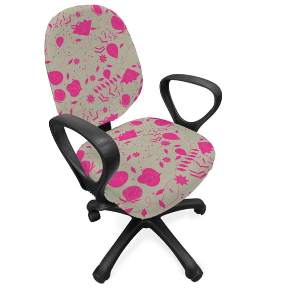 Botanical Office Chair Slipcover, Floral Theme Monochrome Pinkish Different Kind Flowers and Leaves, Protective Stretch Decorative Fabric Cover, Standard Size, Pale Almond Green Magenta, by Ambesonne