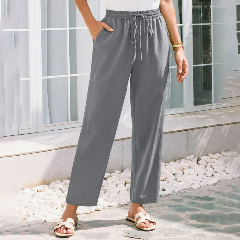 Cotton Linen Trousers for Women,Women's Cropped Linen Pants Casual
