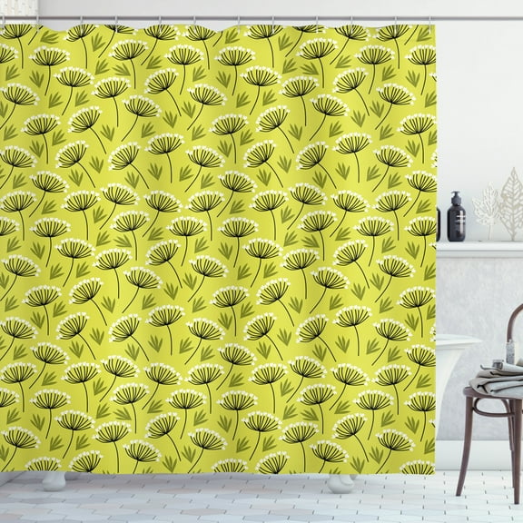 Floral Shower Curtain, Doodle Style Branches Herbs Plantation Leafy Details, Fabric Bathroom Set with Hooks, 69W X 75L Inches Long, Yellow Green Fawn Charcoal Grey and White, by Ambesonne