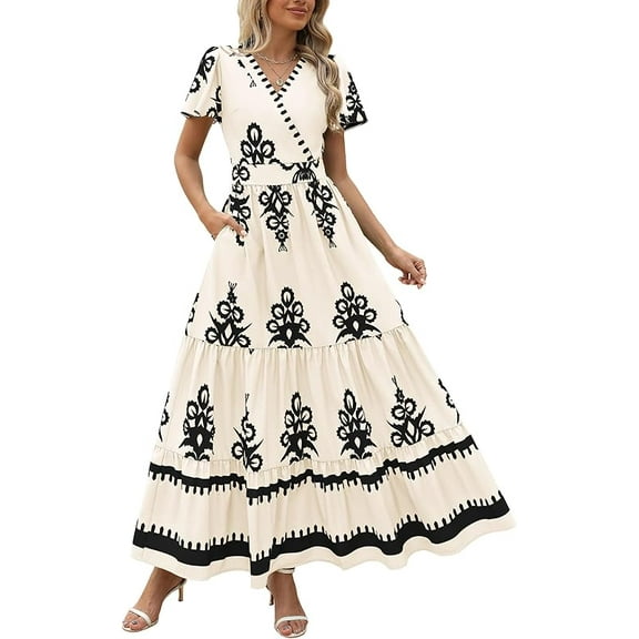 Womens Summer Casual V Neck Boho Maxi Dress Flowy Aline Bell Sleeve Tiered Floral Dresses with Pocket Size S
