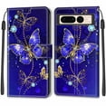 thumbnail image 2 of SaniMore Wallet Case for Google Pixel 7 Pro 6.7" 2022, PU Leather Color Painting Kickstand Wrist Strip Magnetic Clasp Cash Pocket Card Holders Shockproof Full Protective Case, Blue&Gold Butterfly, 2 of 7