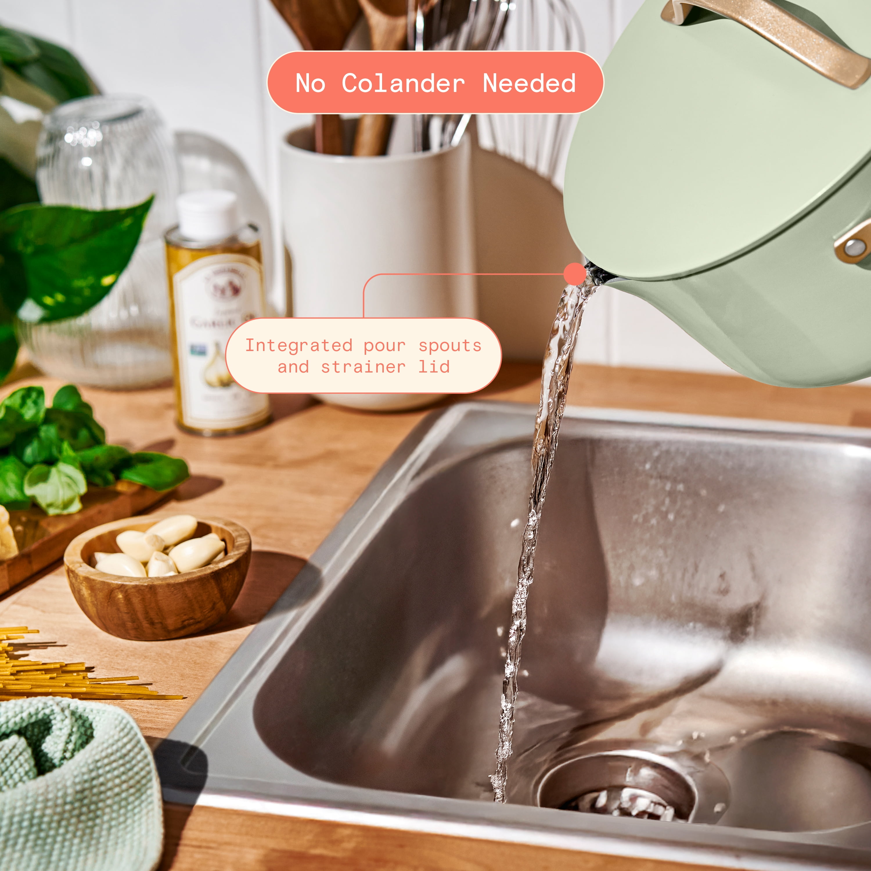 Beautiful 5 Quart Ceramic Non-Stick Dutch Oven with Strainer Lid, Sage Green by Drew Barrymore
