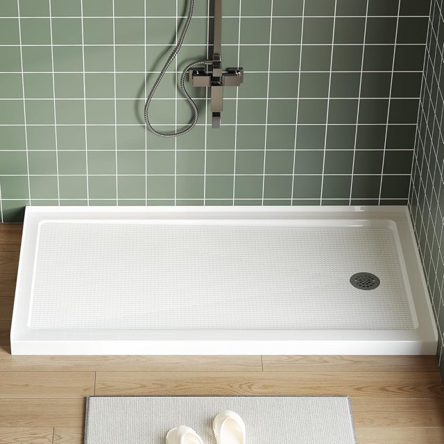 Bingirl 60x32 Inch Right Drain Shower Pan - Single Threshold Base Non-Slip Textured Surface Lightweight ABS Shower Base Easy Install With Drain Kit