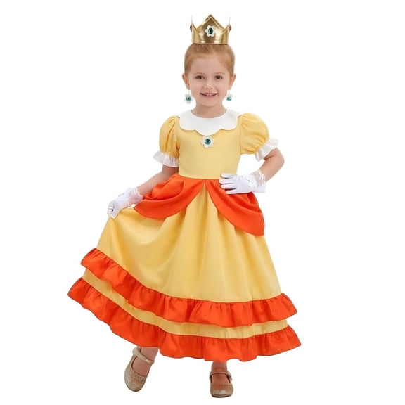 Yellow Princess Dress Up Costume Set for G'irl's - Floral Cosplay Gown with Crown, Gloves & Earrings, Halloween & Birthday Party Fancy-Dress Outfit