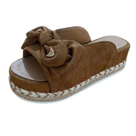 

Pgeraug womens slippers Women s Summer Slip-On Flat Bow Beach Open Toe Breathable Sandals Weave Shoes mens slippers Coffee 39
