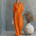 thumbnail image 2 of GILIGEGE Women Linen Blend Wrap V Neck High Waist Half Sleeve Flowy Wide Leg Jumpsuit Romper One Piece Outfit Casual Dressy Elegant Summer Vacation Holiday Soft Breathable Loose Fashion Outfit Orange, 2 of 9