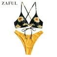thumbnail image 3 of Zaful for Women Sunflower Print Lace-up Crisscross Bikini Set Black M, 3 of 7