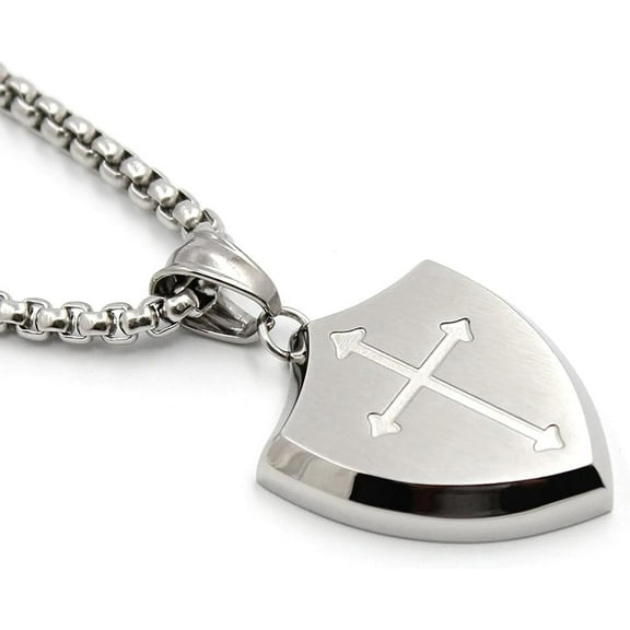 Mens Cross Necklace Shield Armor of God Pendant with Bible Verse Joshua 1:9 Stainless Steel