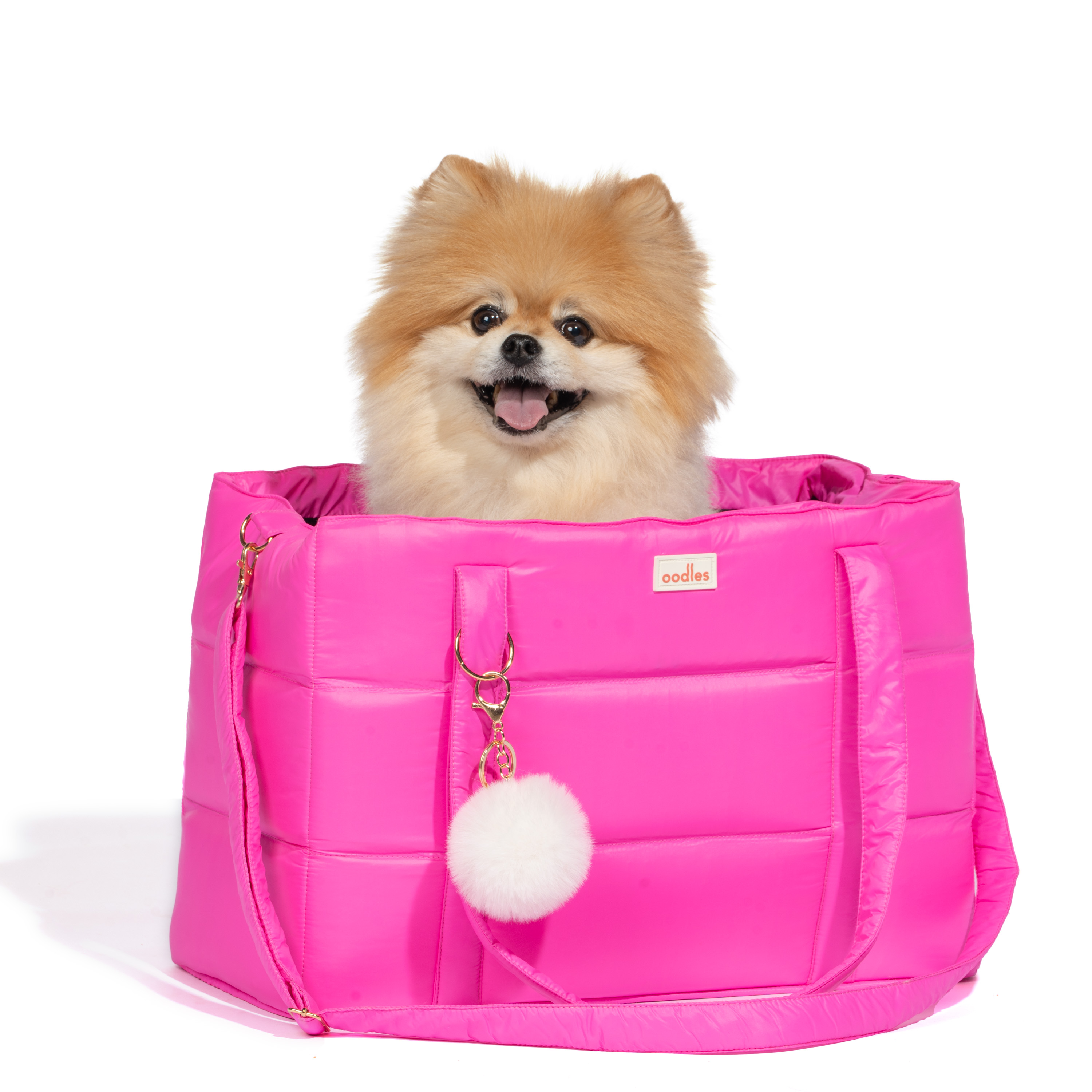 Oodles Solid Pink Quilted Zippered Soft Sided Pet Carrier Bag with Pom Charm, 13 lb Limit