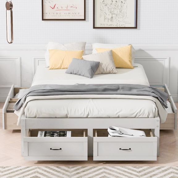 Aukfa Full Size Storage Platform Bed with 6 Drawers, Farmhouse Captain Bed Frame, Antique White