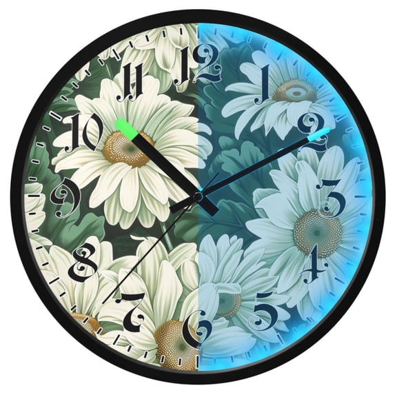 Ryvnso Daisy White Green 12 Inch Night Light Wall Clock Luminous Silent Battery Operate Clocks