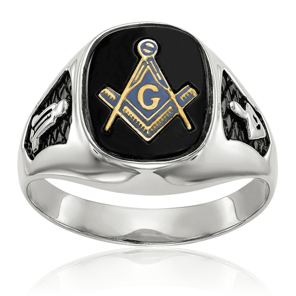 14K Solid White Gold Mens Black Onyx Master Mason Signet Freemason Masonic Ring