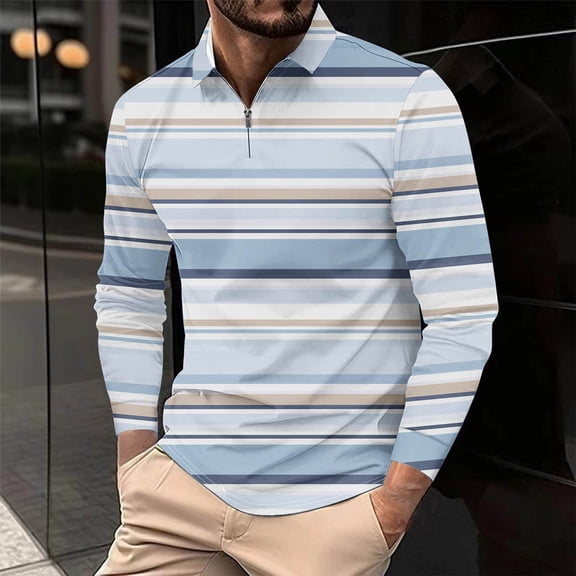 Aimik Men's Polo Shirts Long Sleeve Button Quarter Zip Contrast Collar Oversized Striped Shirts All Seasons Soft Quick Dry Comfortable Tee,Blue,M