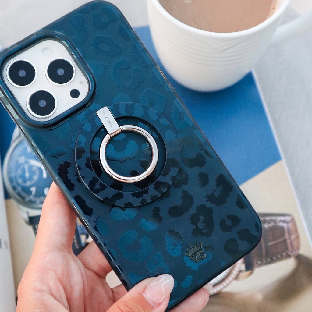 VELVET CAVIAR for iPhone 14 Case Compatible with MagSafe - Cute Protective Phone Cases for Women - Metallic Navy Blue Leopard Cheetah Print