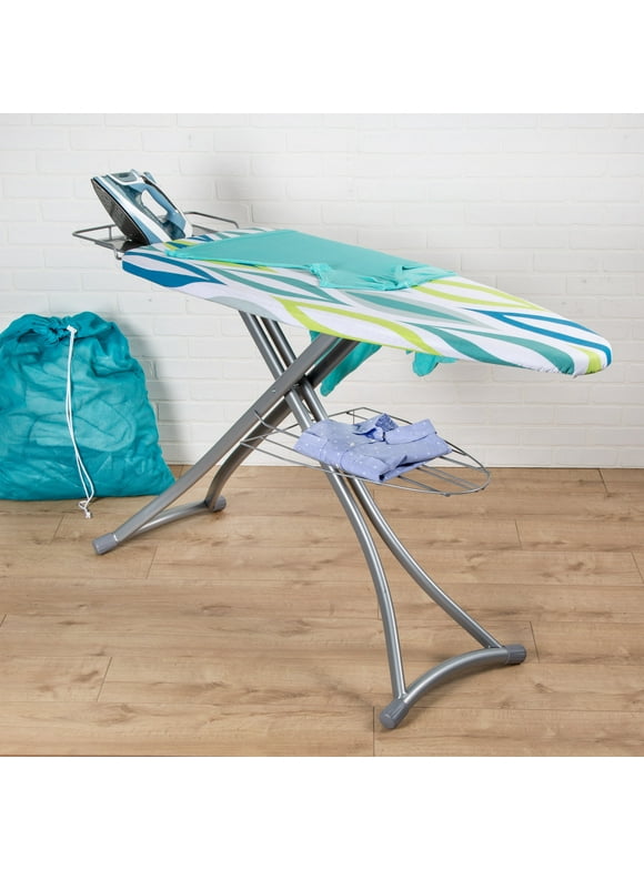Honey-Can-Do Silver and Multi Oval Print Collapsible Ironing Board with Iron Rest and Shelf