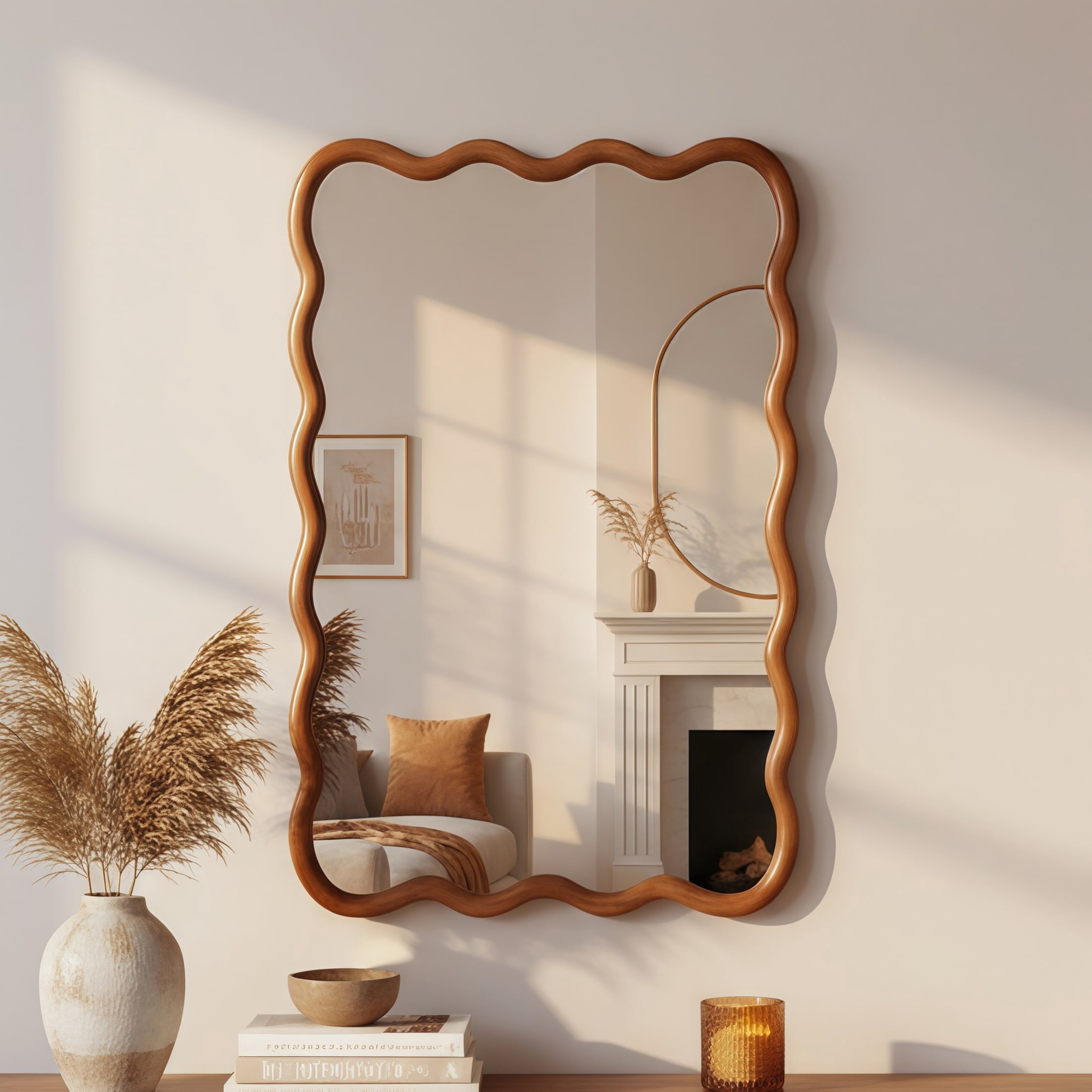 Noble House 24x36 Inch Wavy Rectangle Wall Mirror, Solid Wood Decorative Vanity Mirror, Yellow Brown