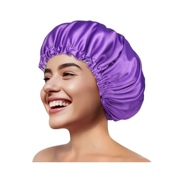 wonima11 Silky Satin Bonnet for Sleeping, Hair Bonnet for Women and Men, Adjustable Sleep Bonnet for Curly Hair, Purple, Medium