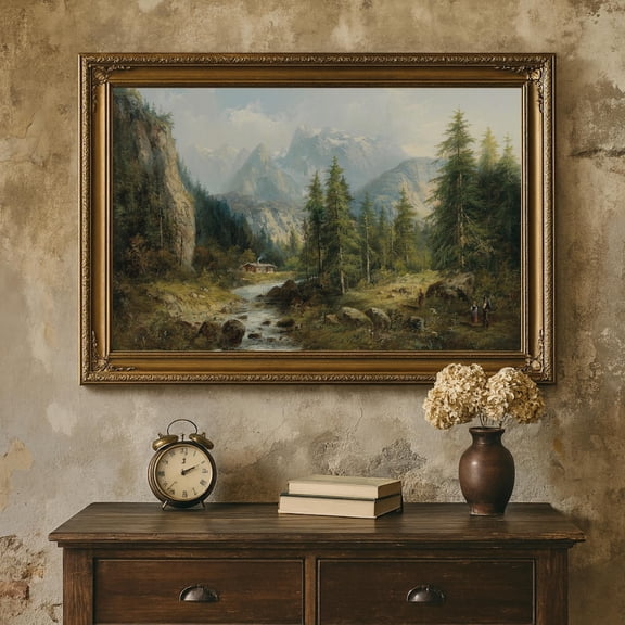 Alpine Mountain Landscape Vintage Cabin & Stream UNFRAMED Poster, Wall Art for Decor, Present, 8x12