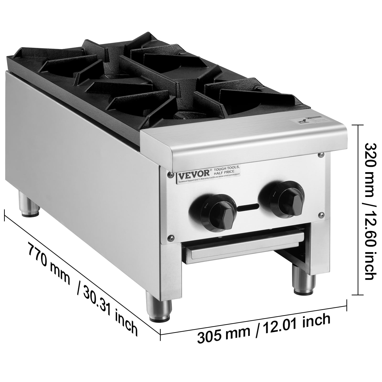 VEVOR Commercial Gas Stove with 2 Burners, Propane and Natural Gas Countertop Cooking Stove Range, Stainless Steel Gas Hot Plate, Commercial Cooking Equipment for Restaurant, 56,000 BTU