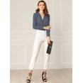 thumbnail image 3 of Allegra K Blusa Estampadas Cuadros Cuello En V Cremallera Manga Larga Botón Brazalete Top Casual Para Mujeres Azul L, 3 of 6