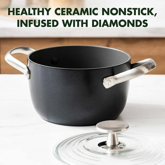 GreenPan Healthy Ceramic Nonstick 2QT Rice Grains and Soup Maker Caldero Pot with Lid PFAS-Free Induction Dishwasher Safe Oven Safe Black