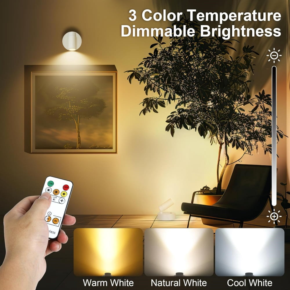Indoor Wireless LED Spotlight, Indoor Plant Spotlight, Remote Dimmable, 350 ° Rotating, Rechargeable Upward Battery Powered, Ceiling Light for Artwork Painting Plant Picture Light White (4 PCS)