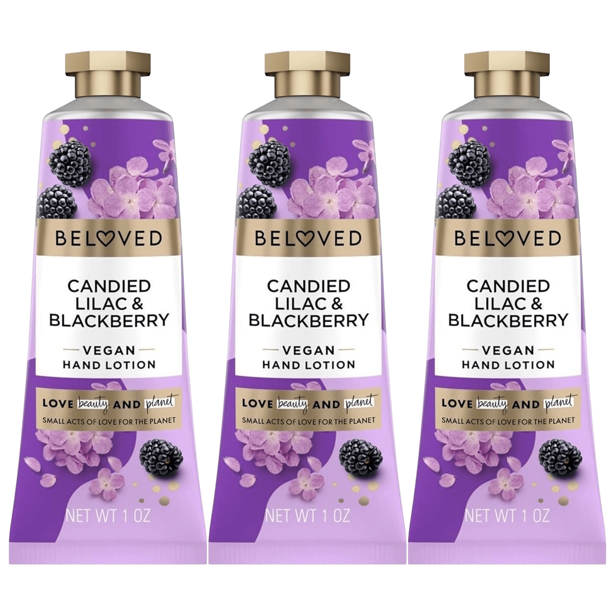 3-Pack Love Beauty And Planet Beloved Candied Lilac & Blackberry Vegan Hand Lotion, 1 oz Travel Size Moisturizing Hand Cream