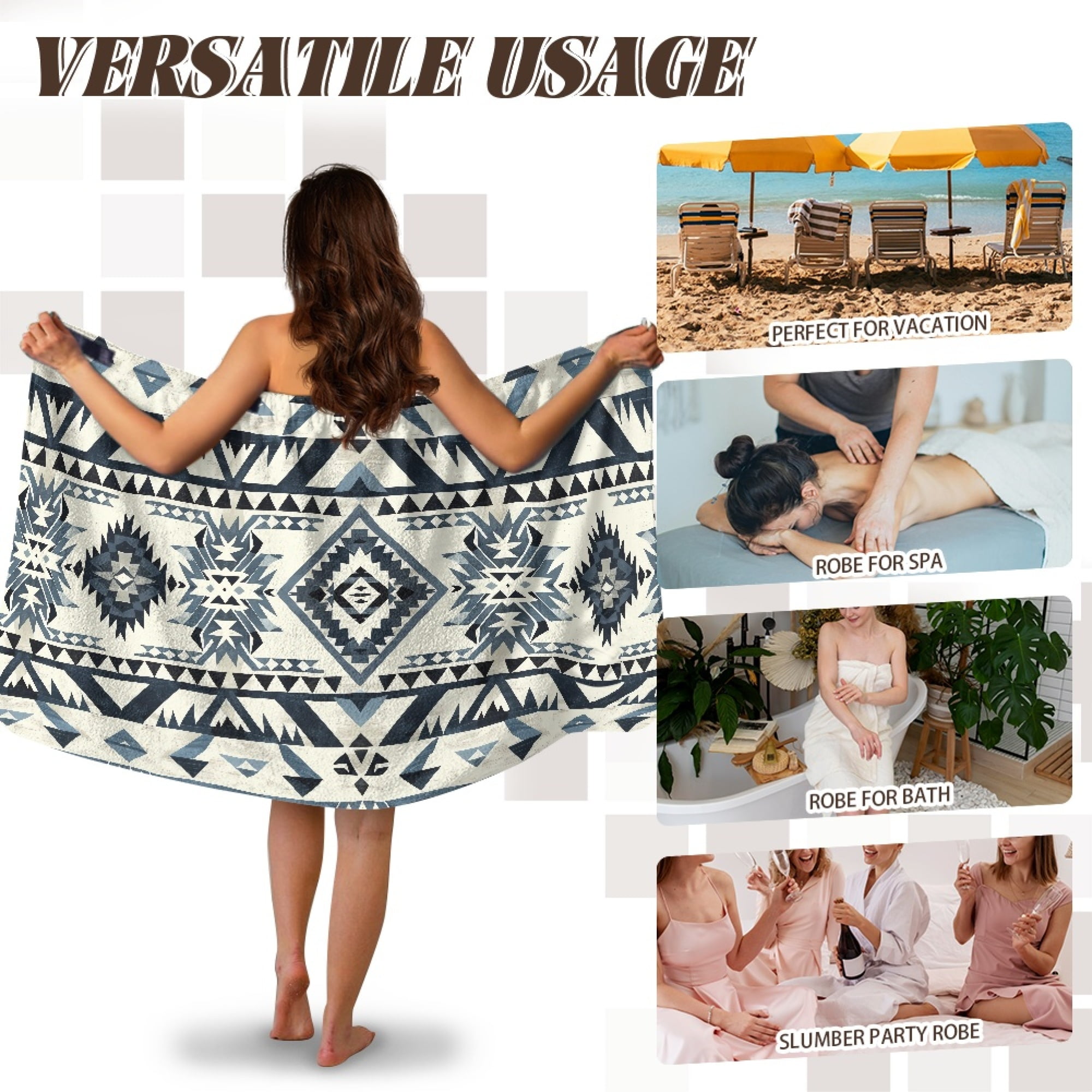 Yuyamidu Aztec Ethnic Gemoetric Shower Towel Wrap for Women Comfy Bath Wrap with Side Pocket Adjustable Closure Towel Wrap for Spa Gym Swim Terry Cloth Bath Towels for Adults Size XL