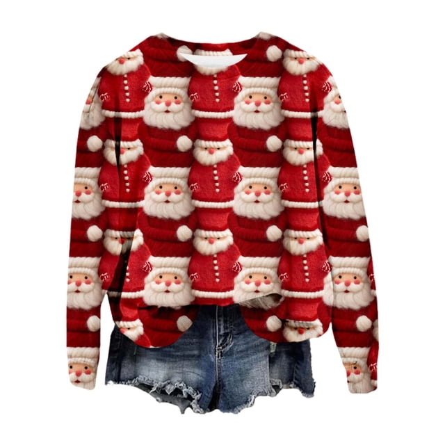 Wyzesi Chandails en Molleton Roses pour Femmes, Col en V, Décontracté, Imprimé de Noël 3D, Coupe Ample, Manches Longues, Chandail Col Rond pour les Fêtes