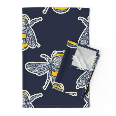 

Printed Tea Towel Linen Cotton Canvas - Navy Bee Insect Bug Summer Yellow Bugs Garden Animal Print Decorative Kitchen Towel by Spoonflower