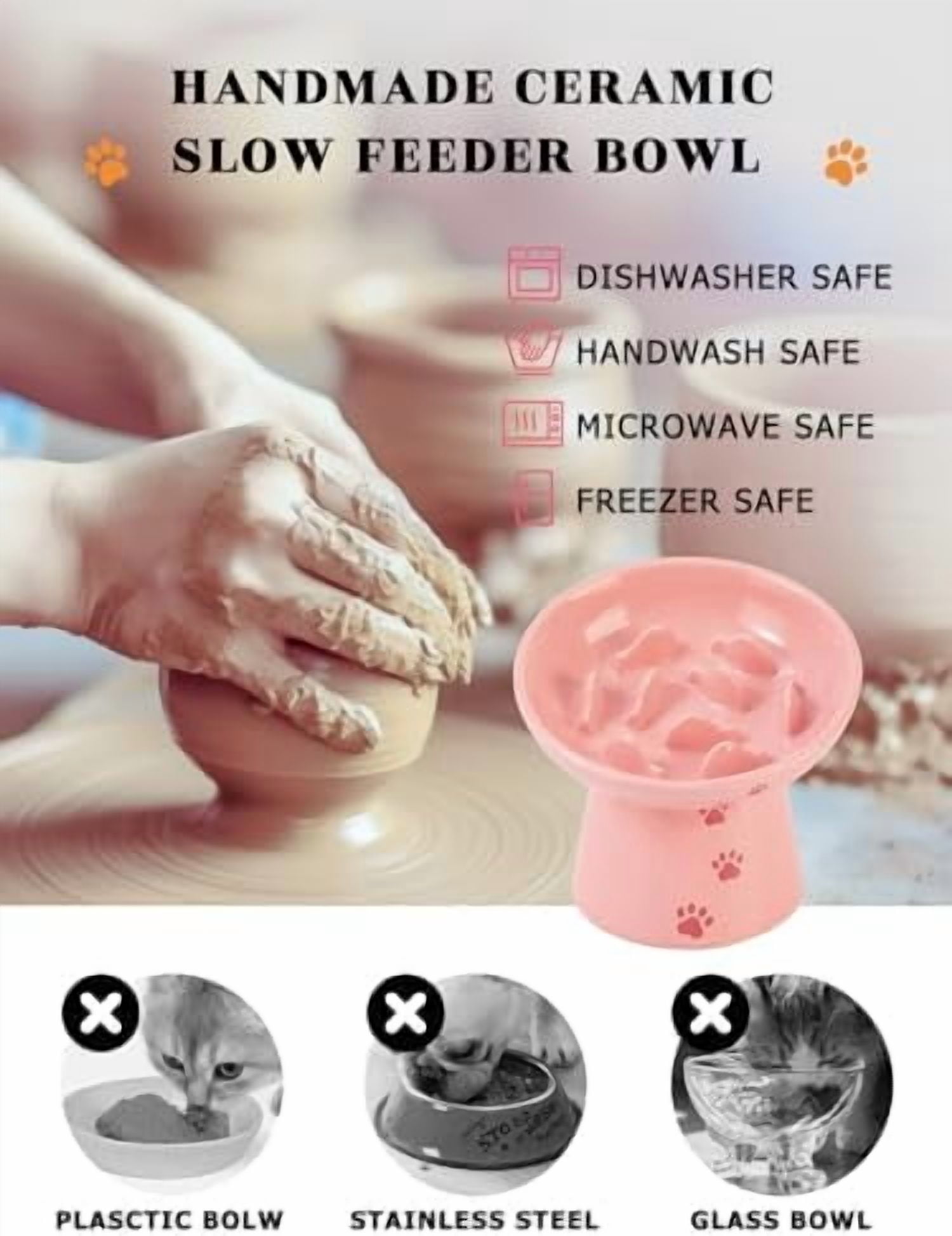 6 Inch Slow Feeder Bowl, Elevated Dog & Cat Bowl, Ceramic, Anti Vomiting, Pink