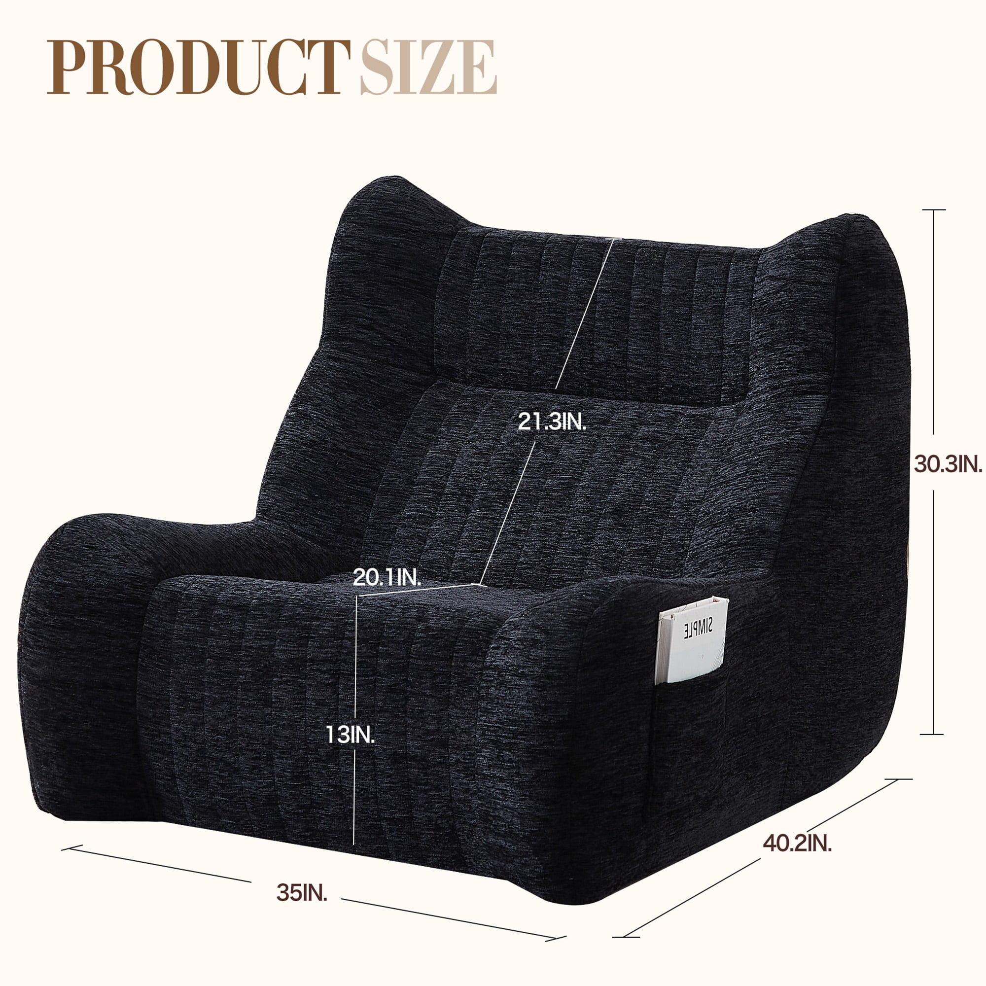 Kosynda Bean Bag Chair for Adults, Giant Memory Foam Bean Bag Couch with High-Resilience Foam and Armrests, Lounge Floor Sofa for Living Room, Bedroom, Black