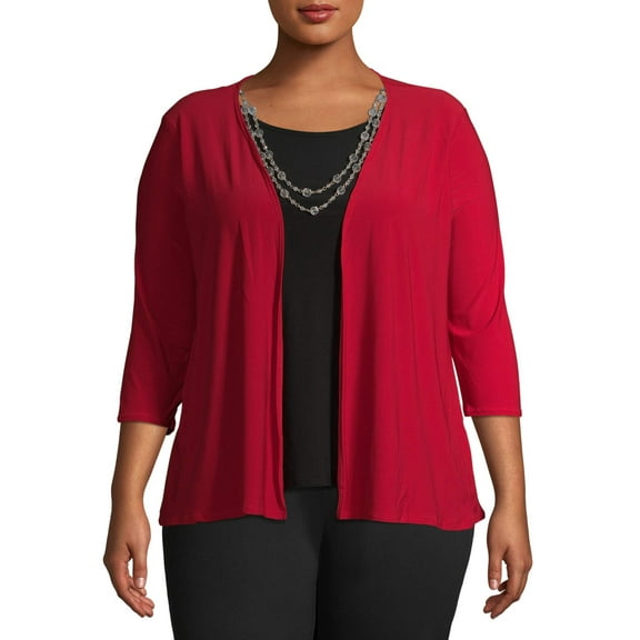 Ella Samani Women's Plus Size 3/4 Sleeve Cardigan with Necklace