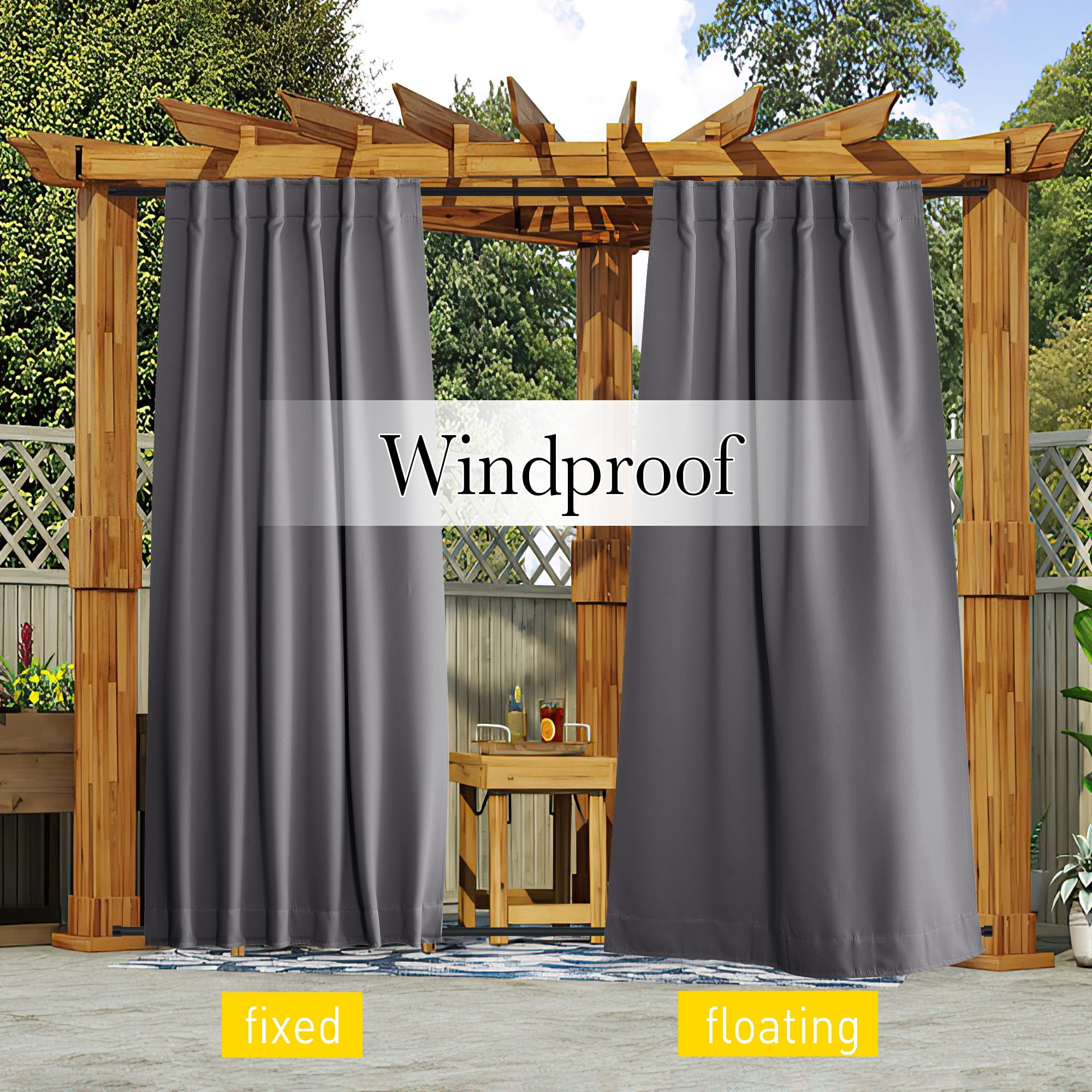 NICETOWN 2 Panels Outdoor Pergola Curtains Waterproof and Windproof Top & Bottom Pocket & Back Tab Blackout Privacy Keep Drapes for Patio with Fixed Rope, 52"x 95", Grey