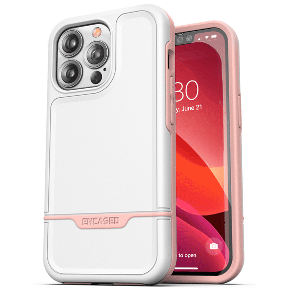 Encased Rebel Series Designed for iPhone 13 Pro Max Case Protective Heavy Duty Phone Case (Pink/White)